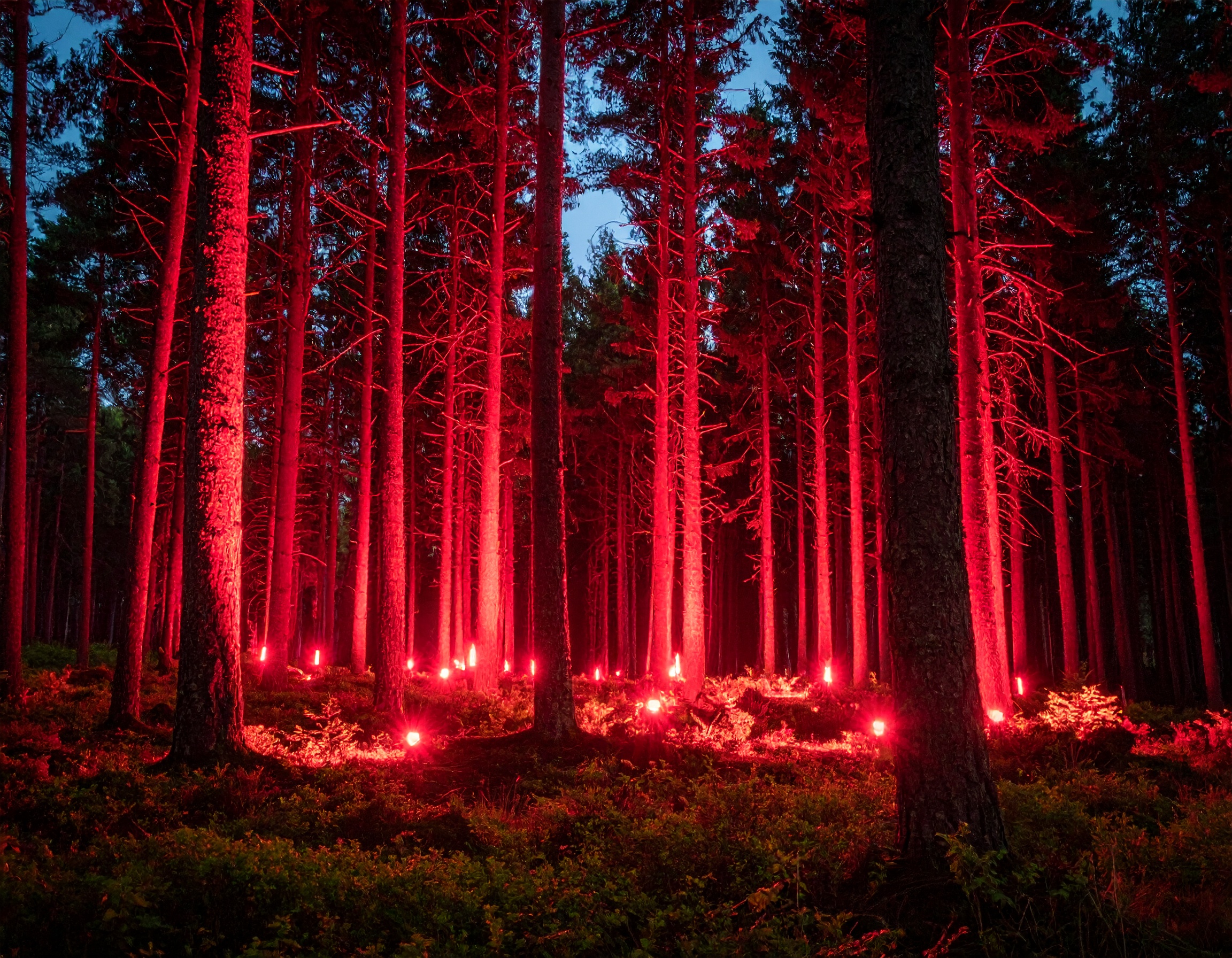 森ライトアップ赤 空間演出