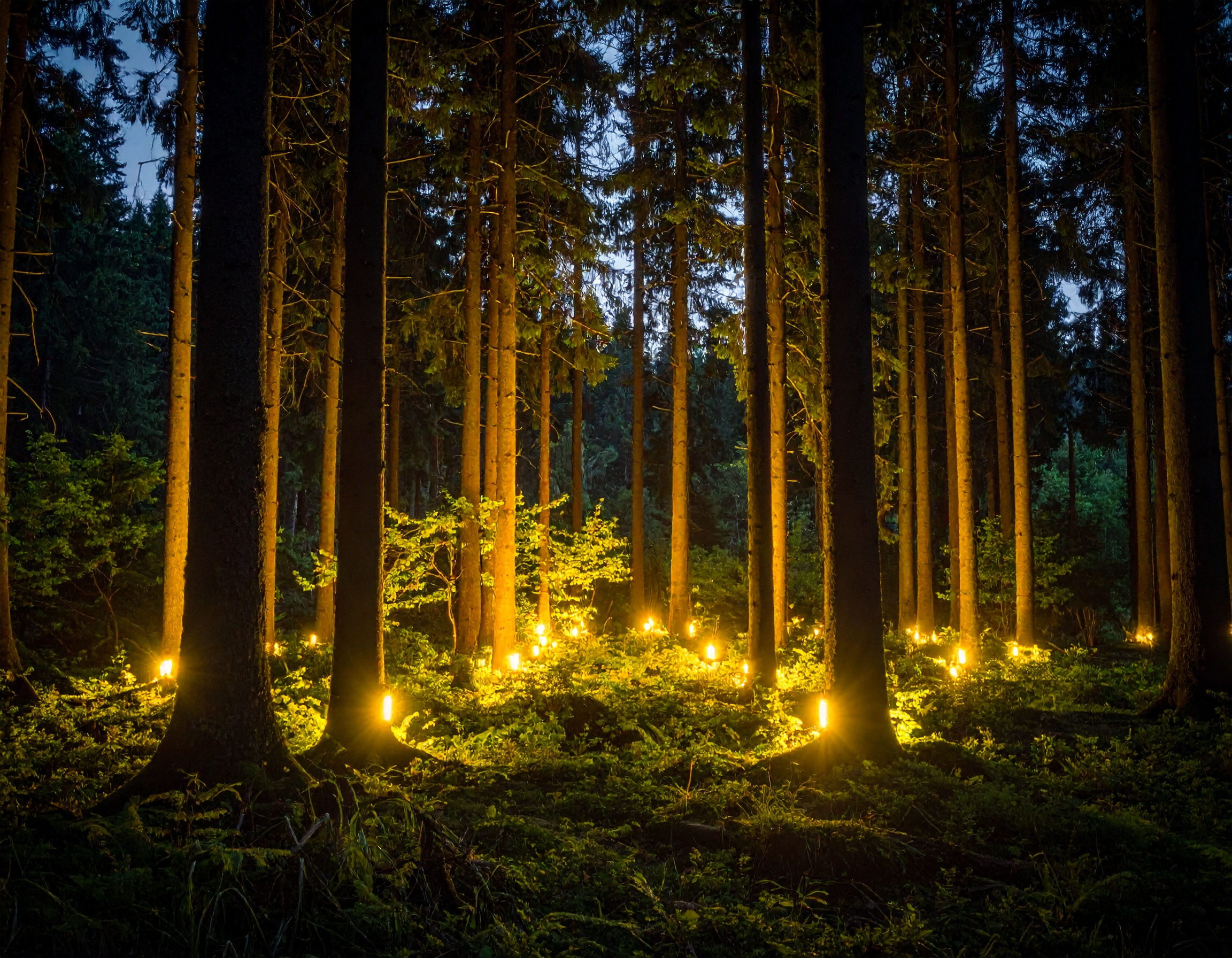 森ライトアップ黄色 空間演出